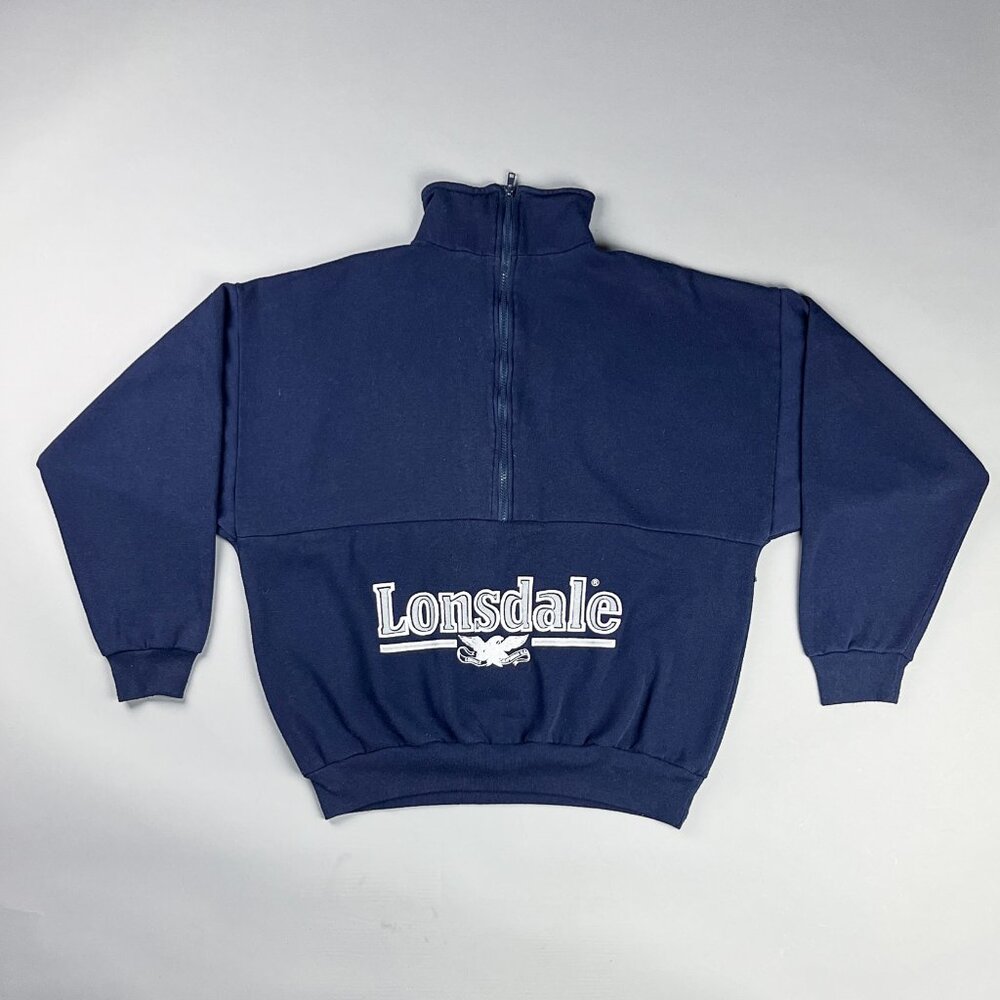 Vintage Lonsdale Sweater | 90's Navy Blue Pullover Quarter Zip Men's Fleece